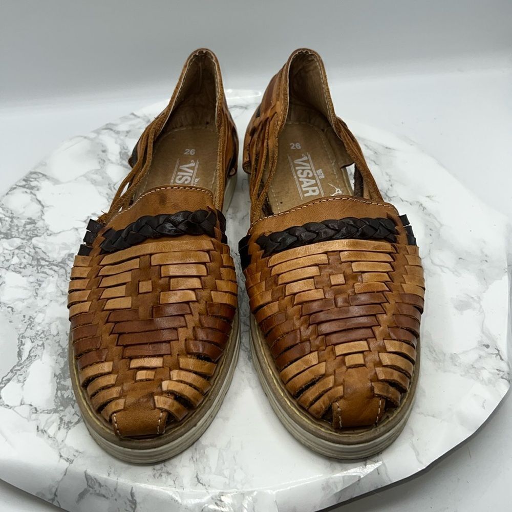 Tan Woven Leather Huarache Flats